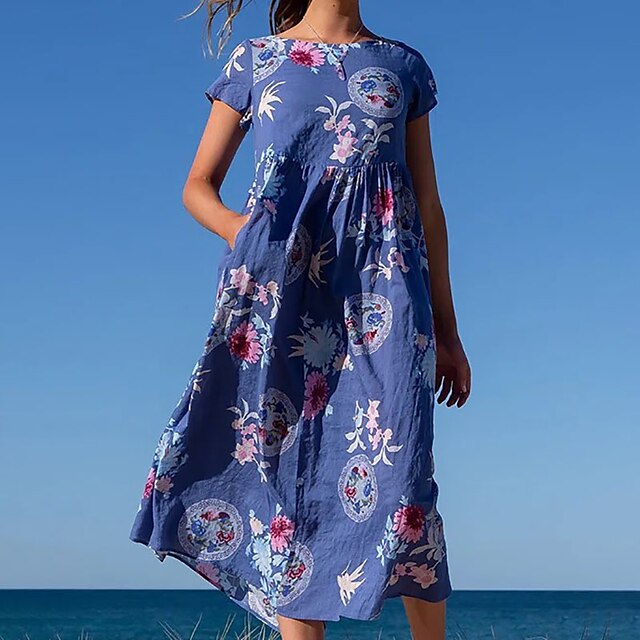 

Women's Casual Dress Maxi long Dress Blue Gray Short Sleeve Floral Print Spring Summer Crew Neck Casual 2022 S M L XL XXL