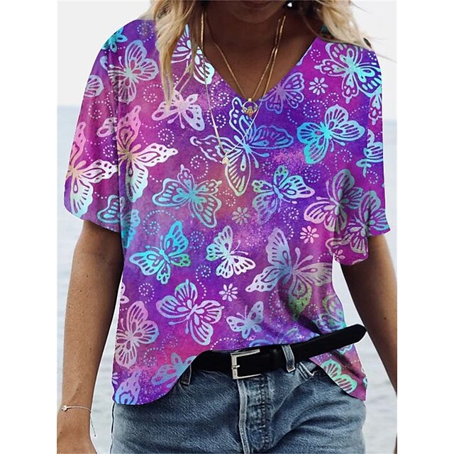 

Women's Butterfly T shirt Butterfly V Neck Basic Tops Purple / 3D Print