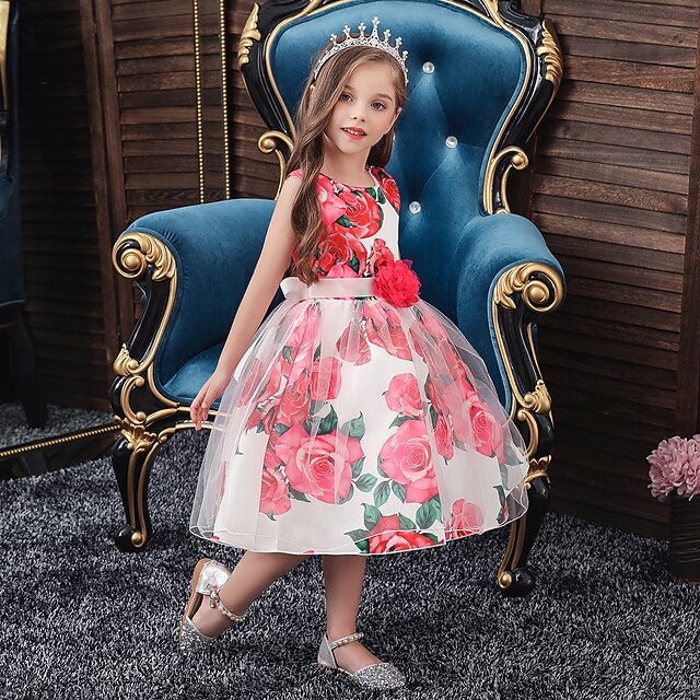

Kids Toddler Little Girls' Dress Flower Rose Tulle Dress Special Occasion Performance Mesh Bow Blue Purple Rose Red Sleeveless Dresses Fall Winter Regular Fit 3-12 Years