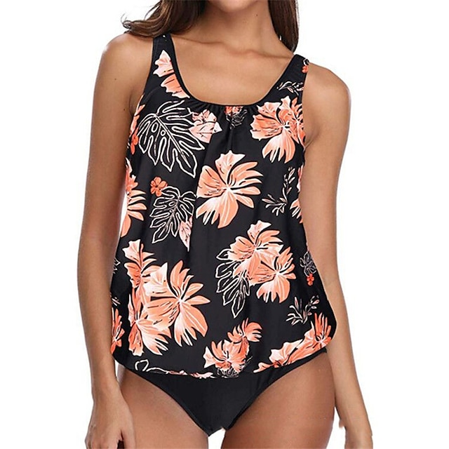 

Women's Swimwear Tankini 2 Piece Plus Size Swimsuit Open Back Flower Green Blue Black Red Vest Scoop Neck Bathing Suits New Vacation Fashion / Modern / Padded Bras