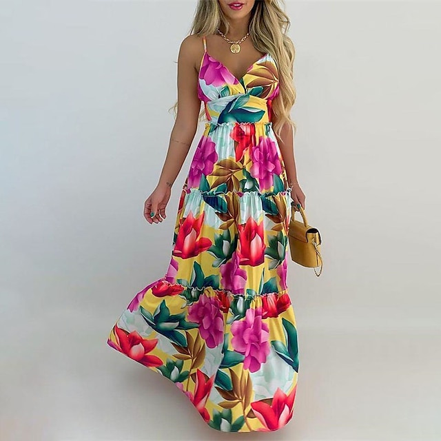 

Women's A Line Dress Maxi long Dress Black Yellow Sleeveless Floral Ruffle Cold Shoulder Print Spring Summer V Neck Stylish Hot Elegant 2022 S M L XL