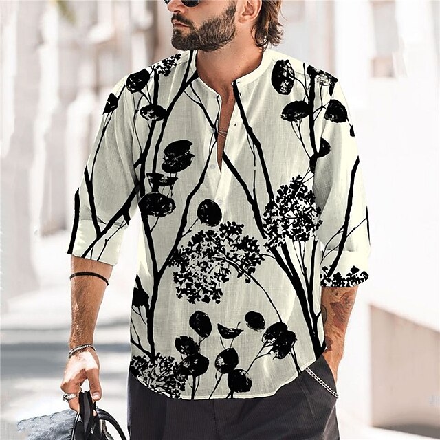 

Men's Shirt 3D Print Floral Stand Collar Street Casual Button-Down Print Long Sleeve Tops Casual Fashion Designer Breathable Beige
