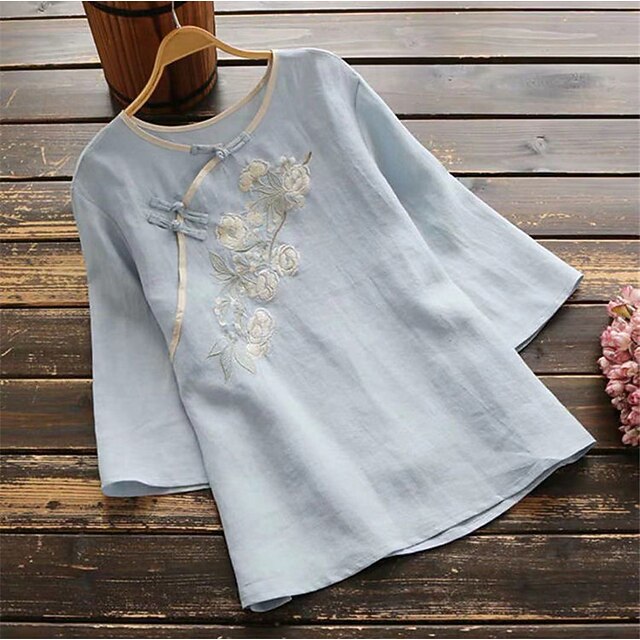 

Women's Plus Size Tops Blouse Shirt Floral Embroidered 3/4 Length Sleeve Crewneck Vintage Streetwear Daily Going out Cotton Spring Summer Blue White