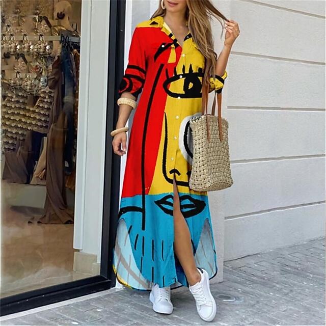 

Women's Shirt Dress Maxi long Dress Blue White Fuchsia Rainbow Red Yellow Beige Long Sleeve Color Gradient Abstract Button Print Spring Summer Shirt Collar Stylish Casual Modern 2022 S M L XL XXL