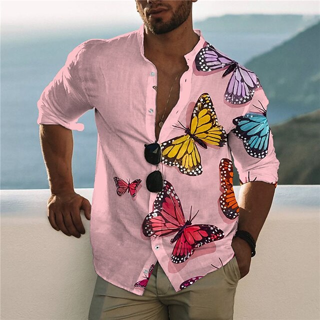 

Men's Shirt 3D Print Butterfly Animal Stand Collar Casual Daily Button-Down Print Long Sleeve Tops Casual Fashion Designer Comfortable Pink