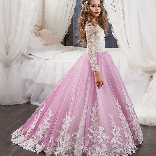 

Kids Little Girls' Dress Floral A Line Dress Party Christening dress Ruched Mesh Lace Pink Maxi Long Sleeve Princess Cute Dresses Fall Spring Regular Fit 3-12 Years