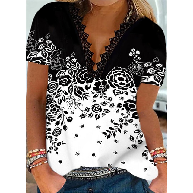 

Women's Plus Size Tops T shirt Floral Color Gradient Lace Print Short Sleeve V Neck Streetwear Daily Going out Polyester Spring Summer White Black