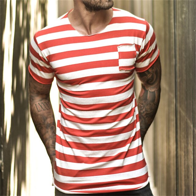 

Men's T shirt Striped Crew Neck Casual Daily Short Sleeve Tops Lightweight Fashion Big and Tall Sports Red