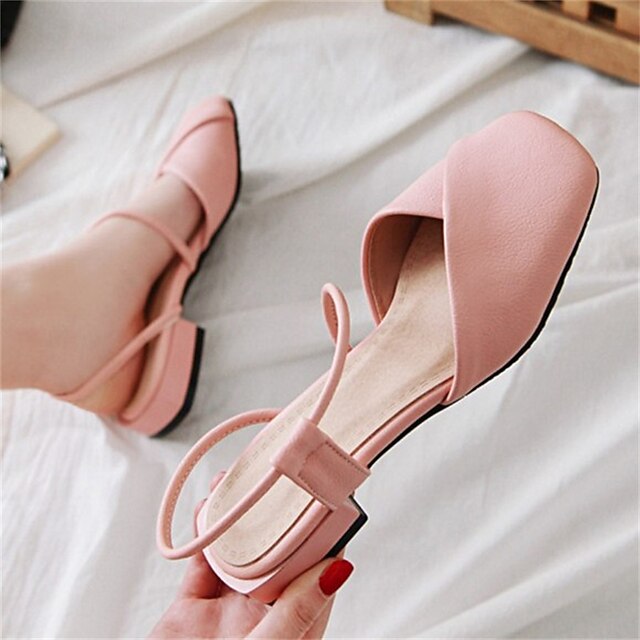 

Women's Sandals Low Heel Square Toe Minimalism Daily PU Leather Ankle Strap Spring Summer Solid Colored White Black Pink