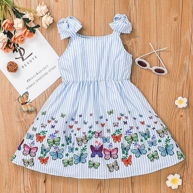 

Kids Little Girls' Dress Striped Butterfly A Line Dress Daily Ruched Print Light Blue Knee-length Sleeveless Cute Sweet Dresses Spring Summer Regular Fit 4-13 Years