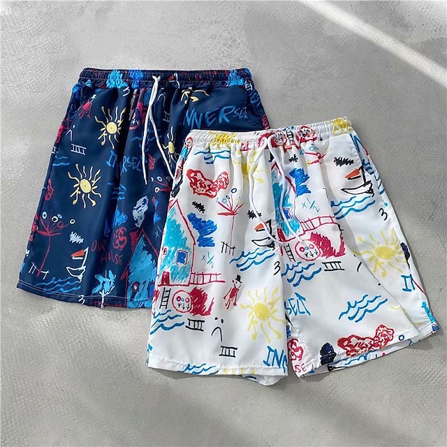 

Men's Stylish Casual / Sporty Shorts Beach Shorts Elastic Waist Print Short Pants Sports Outdoor Daily Micro-elastic Cartoon Graphic Comfort Breathable Mid Waist White Navy Blue M L XL XXL 3XL