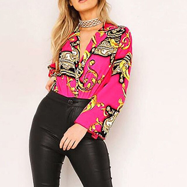 

Women's Bodysuit Print Floral Shirt Collar Casual Daily Street Casual Regular Fit Long Sleeve Green Pink Orange S M L Spring