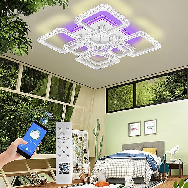  Dimmbare Chrom-Acryl-Deckenleuchte, LED-Deckenleuchte mit 5 Köpfen und 8 Köpfen, mit Hintergrundbeleuchtung und App-Anschluss/Fernbedienung, geeignet für Schlafzimmer, Wohnzimmer, Büros, Kinderzimmer