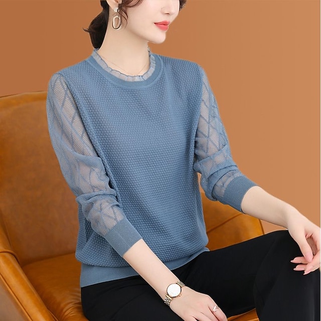

Women's Sweater Pullover Jumper Knitted Lace Trims Pure Color Casual Soft Long Sleeve Sweater Cardigans Crew Neck Spring Summer Blue Black Beige