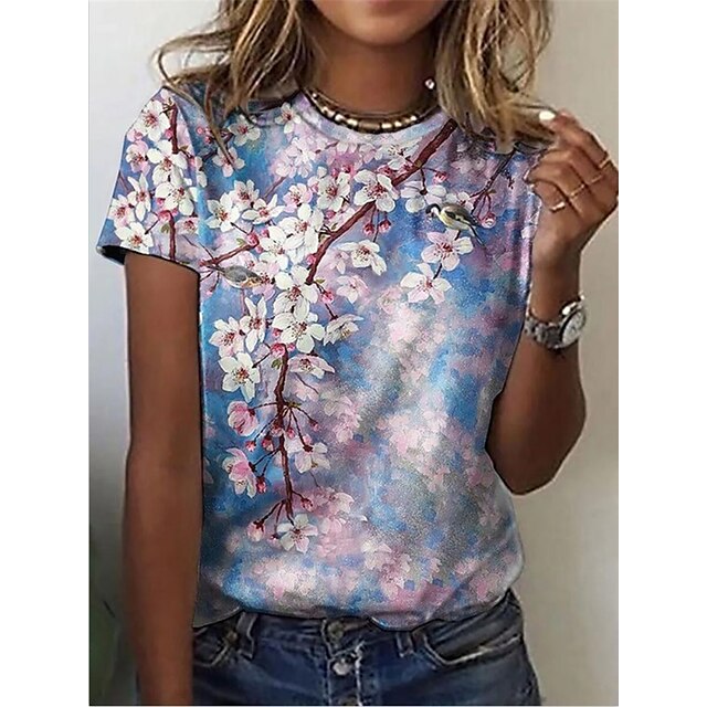 

Women's T shirt Floral Bird Patchwork Print Round Neck Basic Tops Rainbow / 3D Print