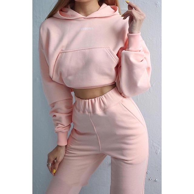 

Women's Basic Plain Sport Casual Two Piece Set Crop Top Hoodie Tracksuit Pant Jogger Pants Tops