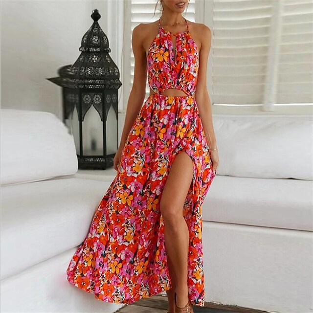 

Women's Sundress Maxi long Dress Red Sleeveless Print Backless Split Cold Shoulder Summer Halter Neck Spaghetti Strap Stylish 2022 S M L XL