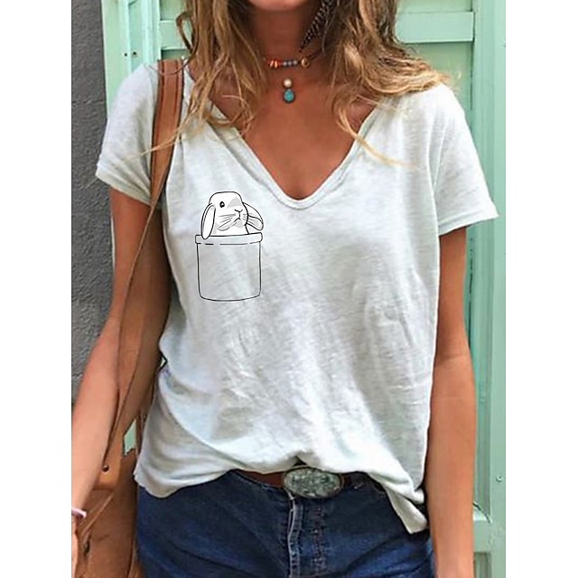 

Women's Happy Easter T shirt Rabbit Animal V Neck Basic Tops White