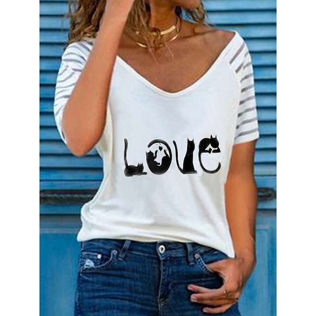 

Women's Cat Butterfly Painting T shirt Cat Butterfly Heart Print V Neck Basic Tops Green White Black