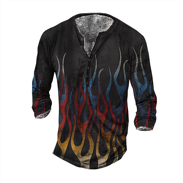 

Men's Henley Shirt Tee T shirt 3D Print Graphic Flame Plus Size Henley Daily Sports Button-Down Print Long Sleeve Tops Basic Casual Classic Designer Blue