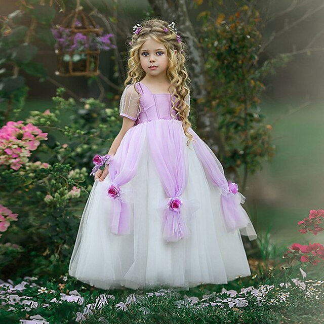 

Kids Little Girls' Dress Floral Color Block A Line Dress Birthday Christening dress Ruched Mesh Patchwork Purple Maxi Short Sleeve Princess Cute Dresses Fall Summer Regular Fit 2-8 Years