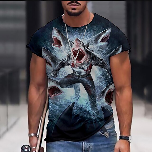 

Men's Unisex T shirt 3D Print Graphic Prints Shark Crew Neck Street Daily Print Short Sleeve Tops Casual Designer Nostalgic Big and Tall Blue