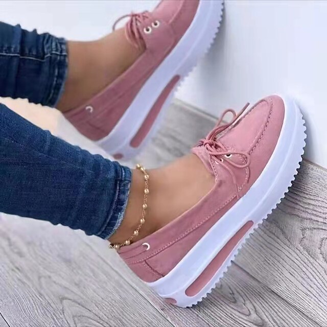 

Women's Loafers Wedge Heel Round Toe Casual Daily Walking Shoes PU Leather Lace-up Spring Summer Solid Colored Black Pink Blue
