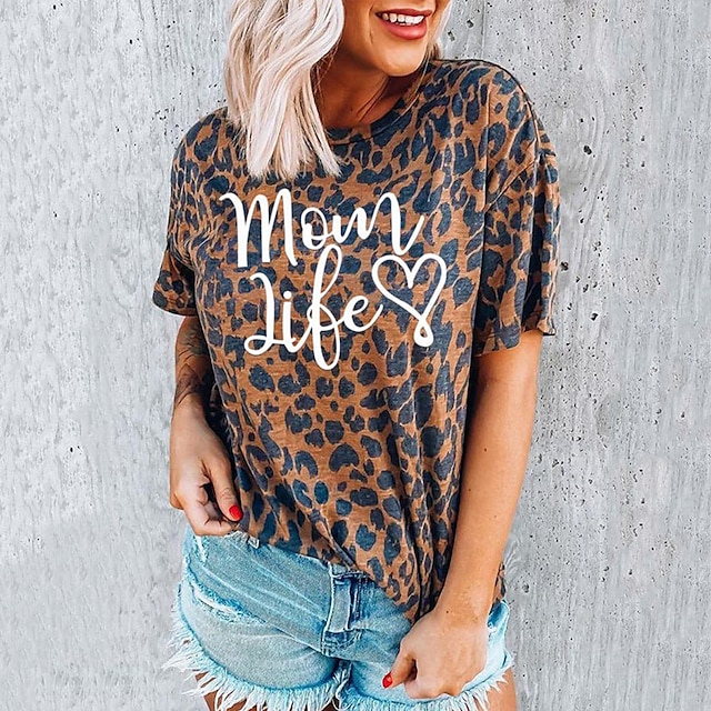 

Women's Painting T shirt Heart Leopard Text Print Round Neck Basic Tops Gray Yellow / 3D Print