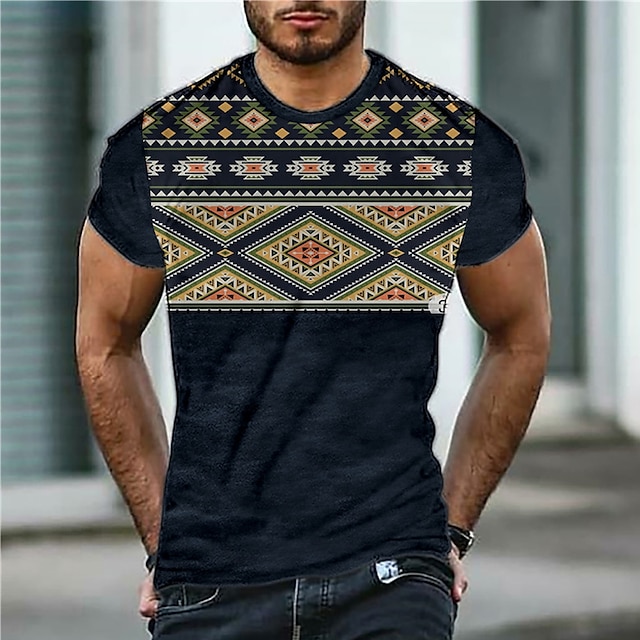 

Men's T shirt 3D Print Graphic Vintage Argyle Crew Neck Daily Sports Print Short Sleeve Tops Casual Classic Designer Big and Tall Black