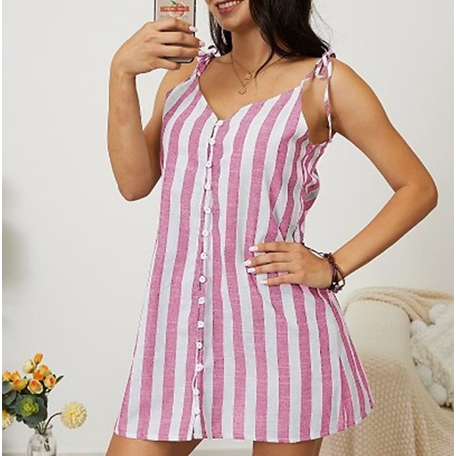 

Women's A Line Dress Short Mini Dress Black Pink Dark Blue Sleeveless Striped Button Print Spring Summer V Neck Stylish Casual 2022 S M L XL