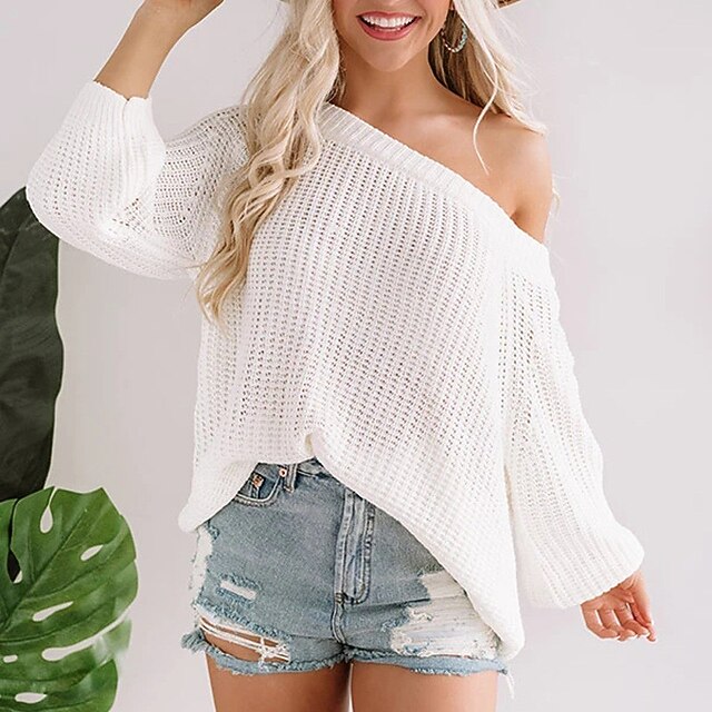 

Women's Sweater Pullover Jumper Knitted Hole Pure Color Stylish Basic Casual Long Sleeve Sweater Cardigans Crew Neck Spring Summer Blue White Black