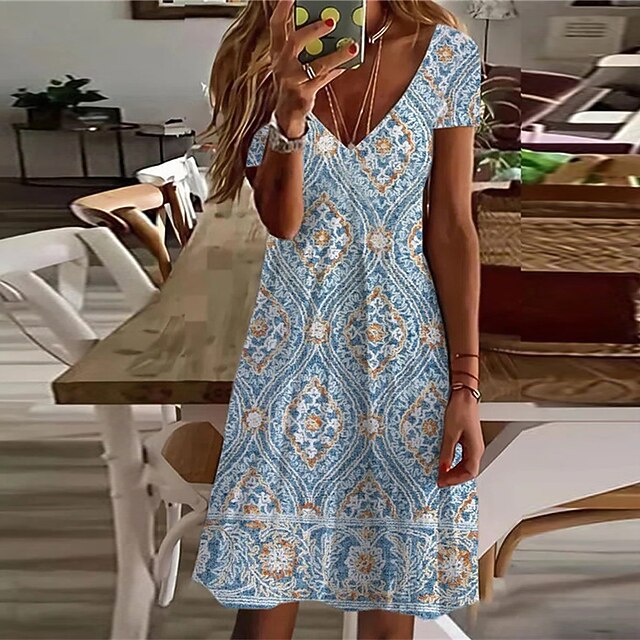 

Women's A Line Dress Short Mini Dress Blue Short Sleeve Floral Print Spring Summer V Neck Casual Vacation 2022 S M L XL XXL 3XL