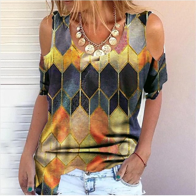 

Women's Geometric Painting T shirt Color Block Geometric Cold Shoulder Print Round Neck Basic Tops Green Blue Black / 3D Print