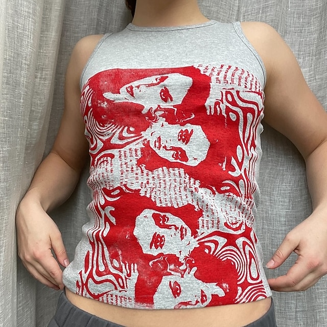

Women's Portrait Vest Portrait Patchwork Print Round Neck Basic Tops Green Light gray Red