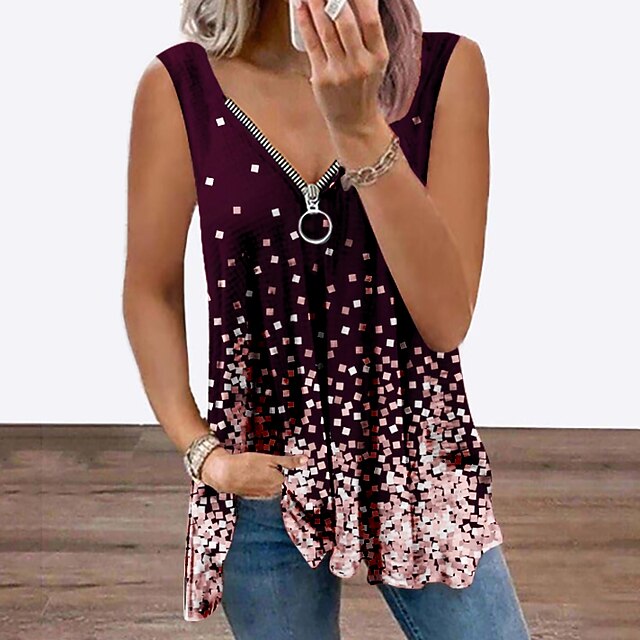 

Women's Tank Top Vest Polka Dot Flowing tunic Quarter Zip Print V Neck Casual Streetwear Tops Green Blue Wine / 3D Print