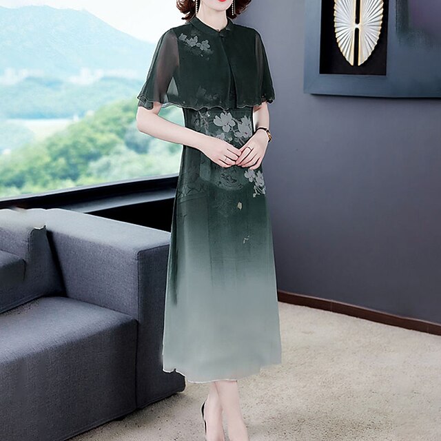 

Women's A Line Dress Midi Dress Green Pink Dark Blue Sleeveless Floral Color Gradient Chiffon Print Spring Summer Crew Neck Elegant Vintage Traditional 2022 M L XL XXL 3XL 4XL