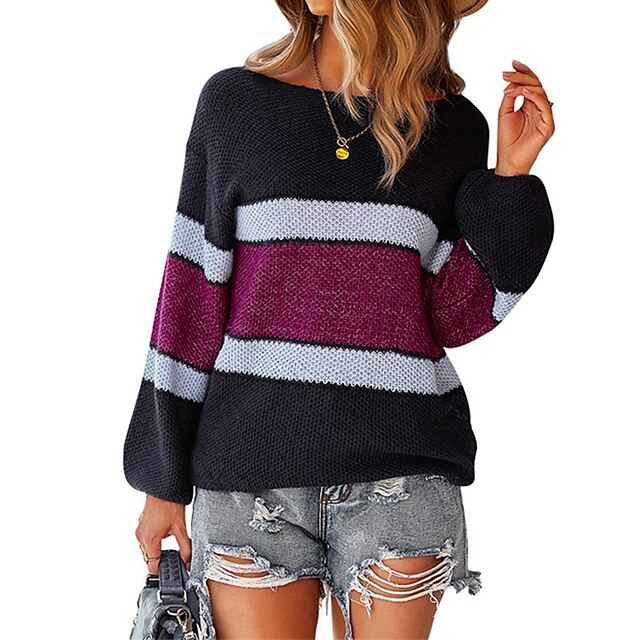 Womens Clothing Sweaters & Cardigans | Womens Pullover Sweater Jumper crochet Knit Stripe Knitted Striped Crew Neck Stylish Casu