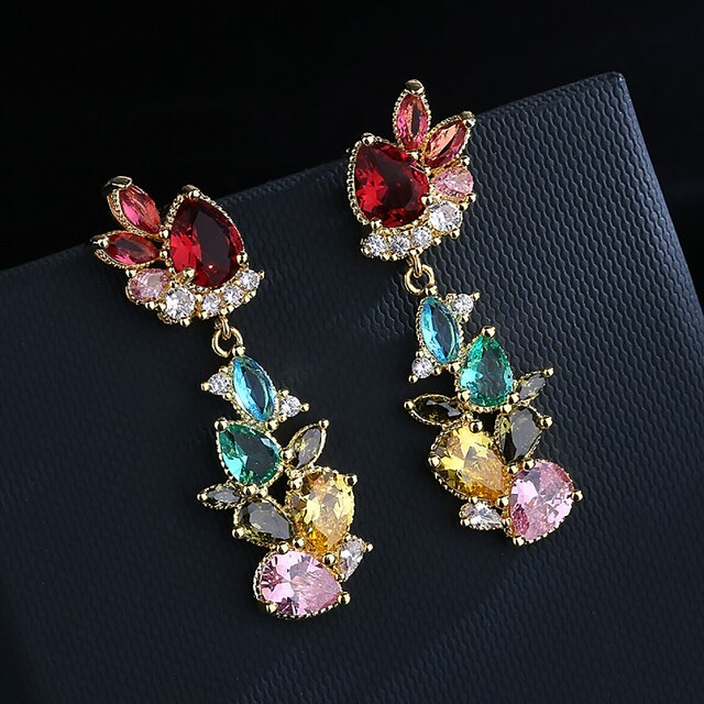 Shoes & Bags Fashion Accessories | Womens Gold Clear Coffee AAA Cubic Zirconia Drop Earrings Pear Cut Floral Theme Flower Statem