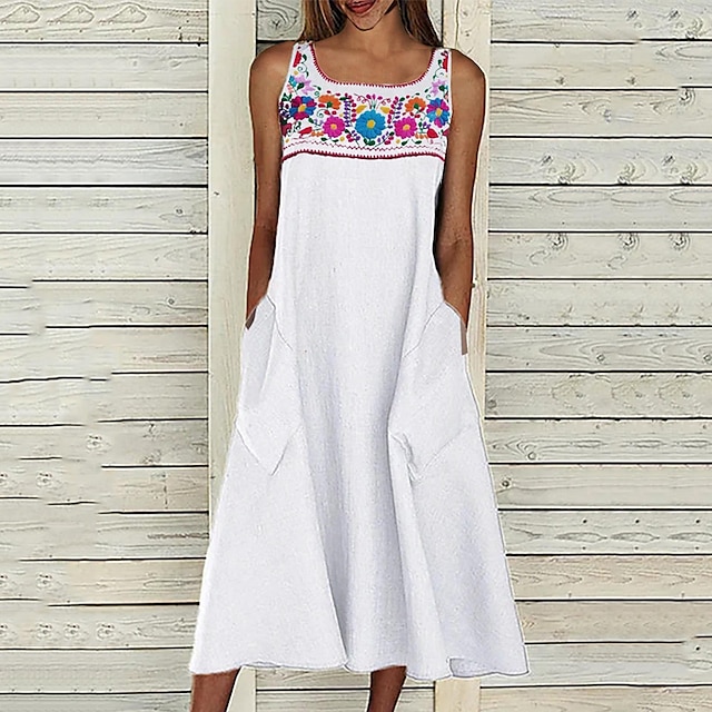 

Women's A Line Dress Midi Dress White Sleeveless Floral Pocket Print Spring Summer Square Neck Elegant Casual Vacation 2022 S M L XL XXL
