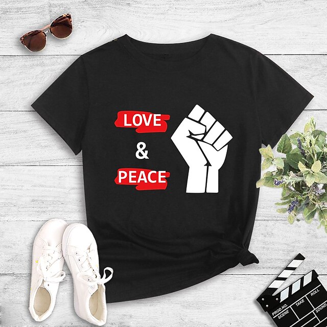 

Women's Painting T shirt Graphic Peace Love Print Round Neck Basic Tops Green Black Gray