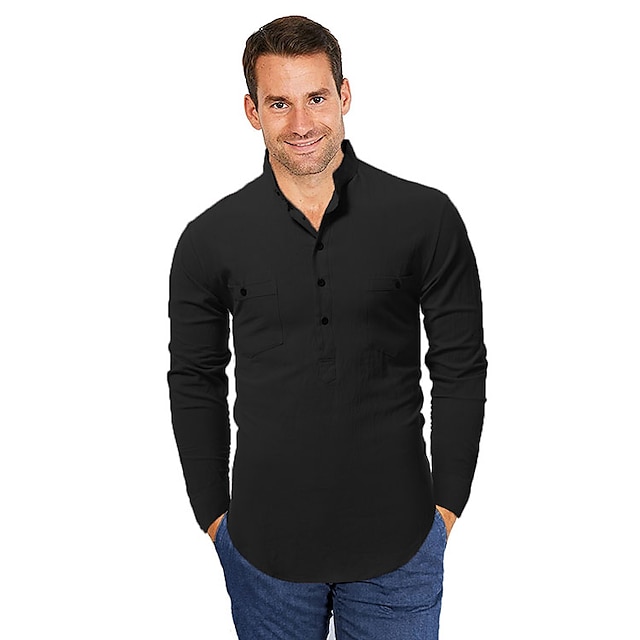 Mens Clothing Mens Shirts | Mens Shirt Solid Color Stand Collar Party Casual Button-Down Long Sleeve Tops Casual Streetwear Blac