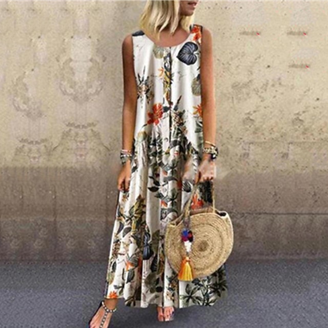 

Women's Shift Dress Midi Dress Purple Navy Blue Yellow Sleeveless Floral Print Spring Summer Round Neck Vacation Boho 2022 S M L XL XXL 3XL 4XL 5XL