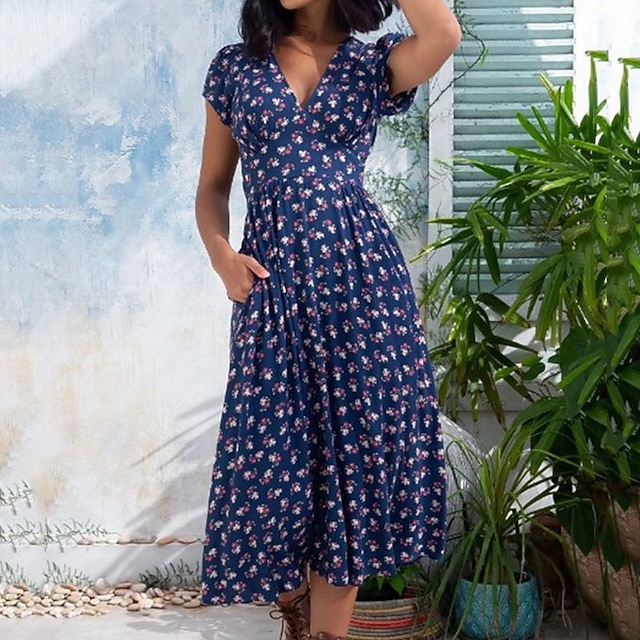 

Women's A Line Dress Midi Dress Light Green Navy Blue Short Sleeve Floral Print Spring Summer V Neck Elegant Vacation 2022 S M L XL XXL