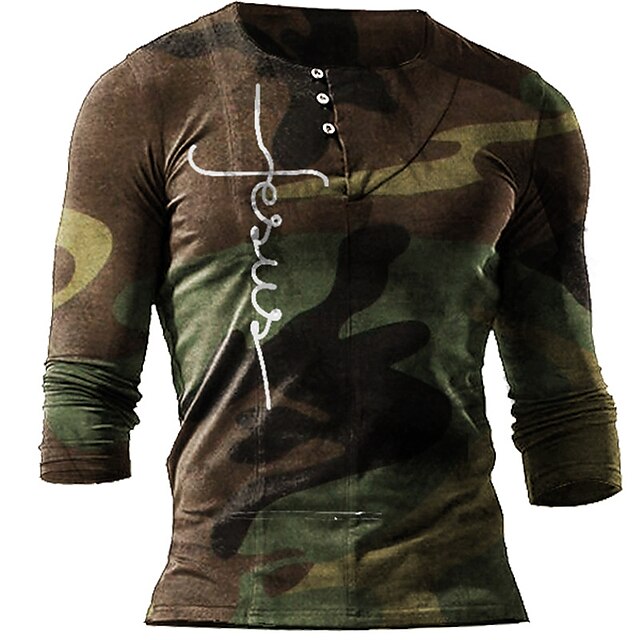 

Men's Henley Shirt Tee T shirt 3D Print Graphic Camouflage Plus Size Henley Casual Daily Button-Down Print Long Sleeve Tops Casual Retro Designer Military Army Green