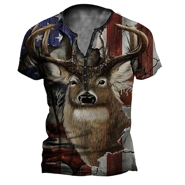 

Men's Henley Shirt T shirt 3D Print Graphic Flag Animal Henley Casual Daily Button-Down Print Short Sleeve Tops Casual Vintage Classic Designer Brown
