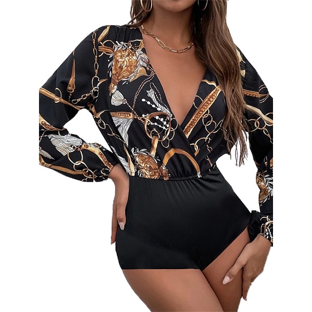 

Women's Romper Lace up Print Print V Neck Casual Daily Street Casual Regular Fit Long Sleeve Black S M L Fall
