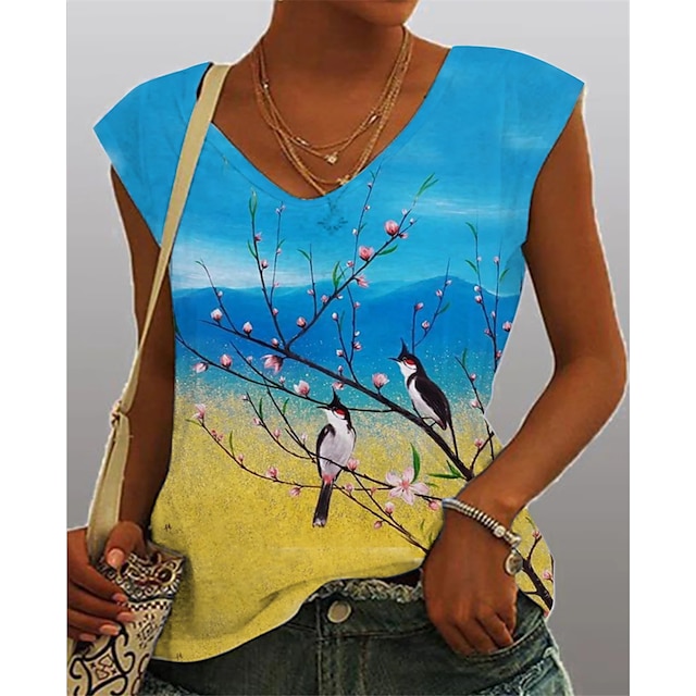 

Women's Blouse Camis Tree Bird Patchwork Print V Neck Casual Beach Tops Blue / 3D Print