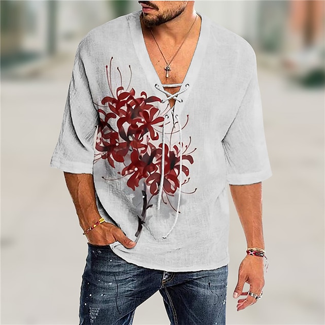 

Men's Shirt 3D Print Floral V Neck Casual Daily 3D Print Drawstring 3/4 Length Sleeve Tops Casual Fashion Designer Comfortable Gray