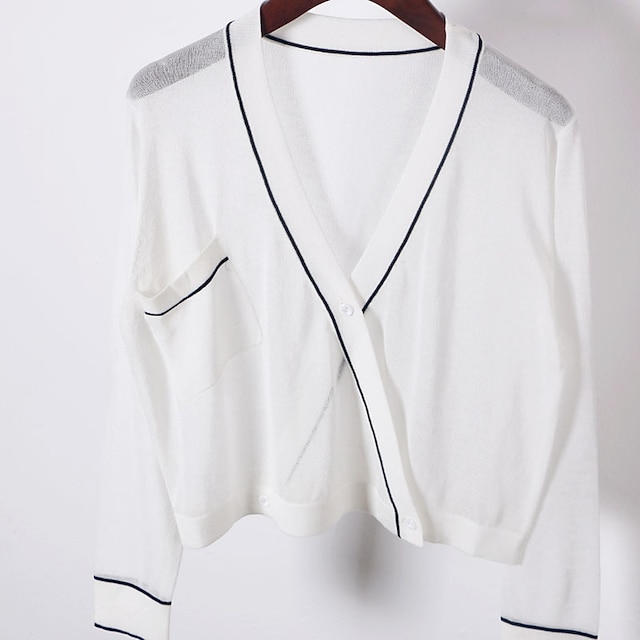 

Women's Cardigan Knitted Button Striped Stylish Elegant Casual Long Sleeve Sweater Cardigans V Neck Spring Summer White Black