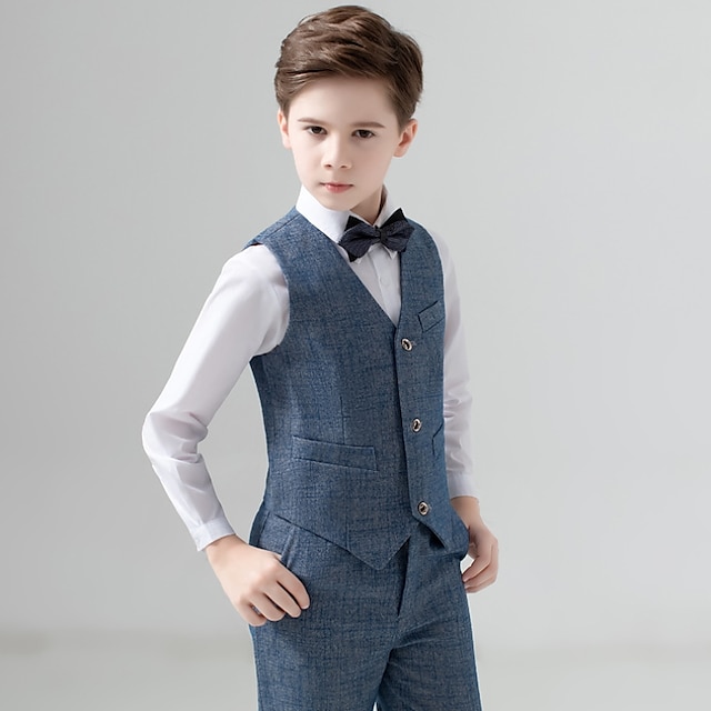 Baby & Kids Boys Clothing | Kids Boys Suit Vest Clothing Set 4 Pieces Sleeveless Blue Solid Color Bow Party Indoor Formal Gentle